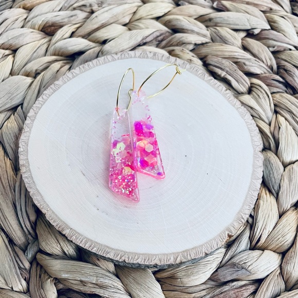 BOUTIQUE Resin Drop Earrings, Holographic Mixed Pink Chunky Glitter, Fun Hoops - Picture 3 of 11